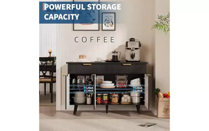 Aparador Gabinete Buffet GustoWave 47 con Almacenamiento, Gabinete Grande para Barra de Café con 3 Puertas Estriadas y 2 Cajones, Estantes Ajustables, Acabado Negro