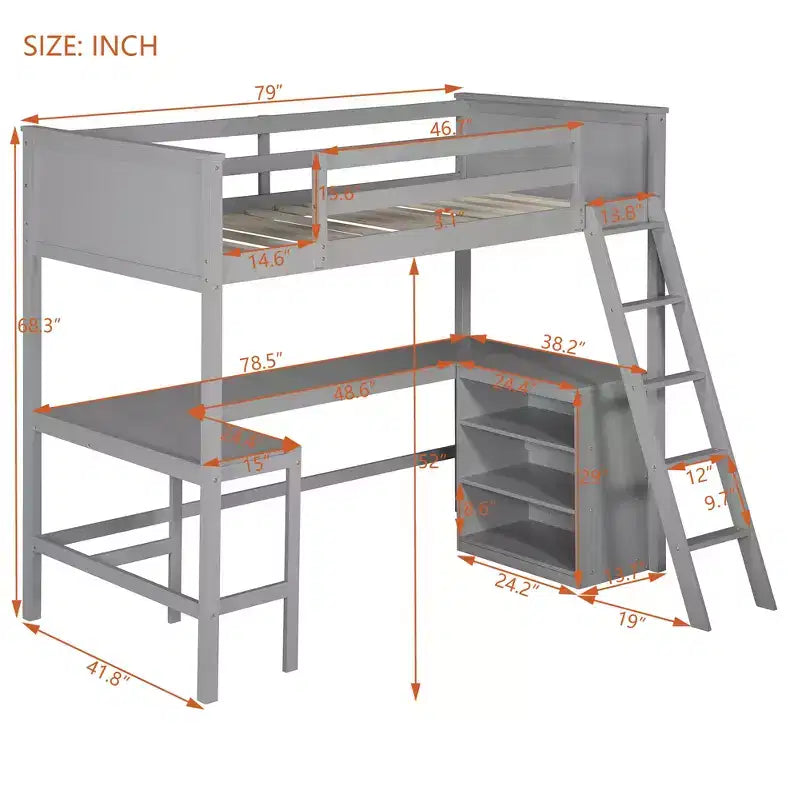 Cama alta individual Bellemave con estantes y escritorio, cama alta de madera con escritorio - Gris