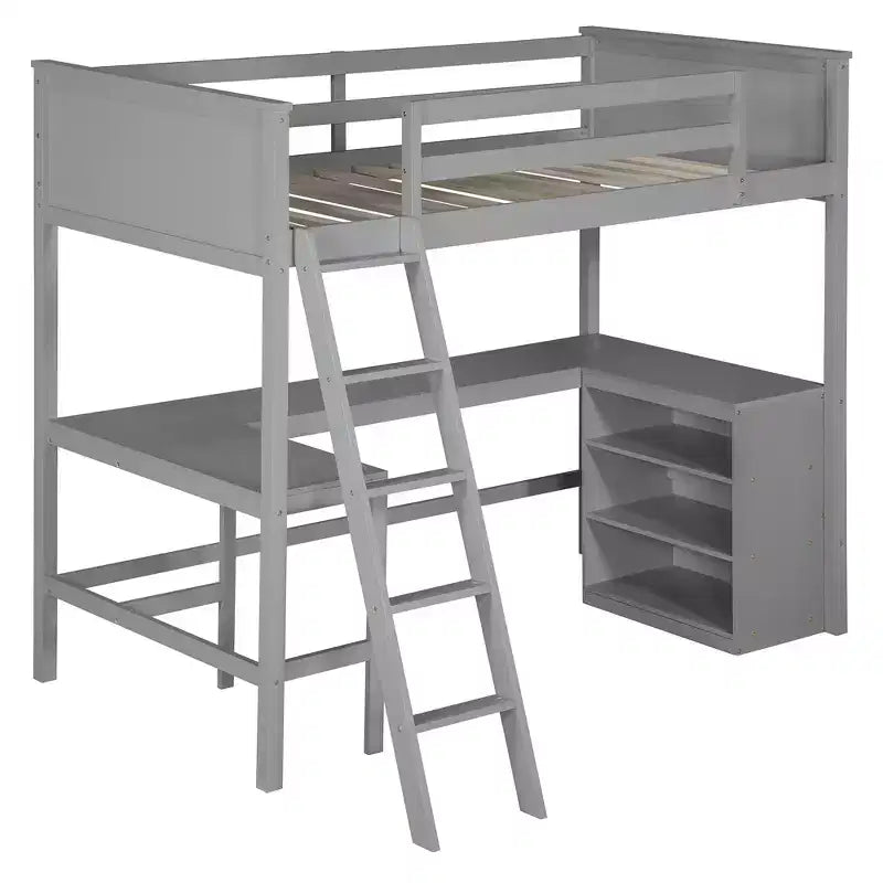 Cama alta individual Bellemave con estantes y escritorio, cama alta de madera con escritorio - Gris