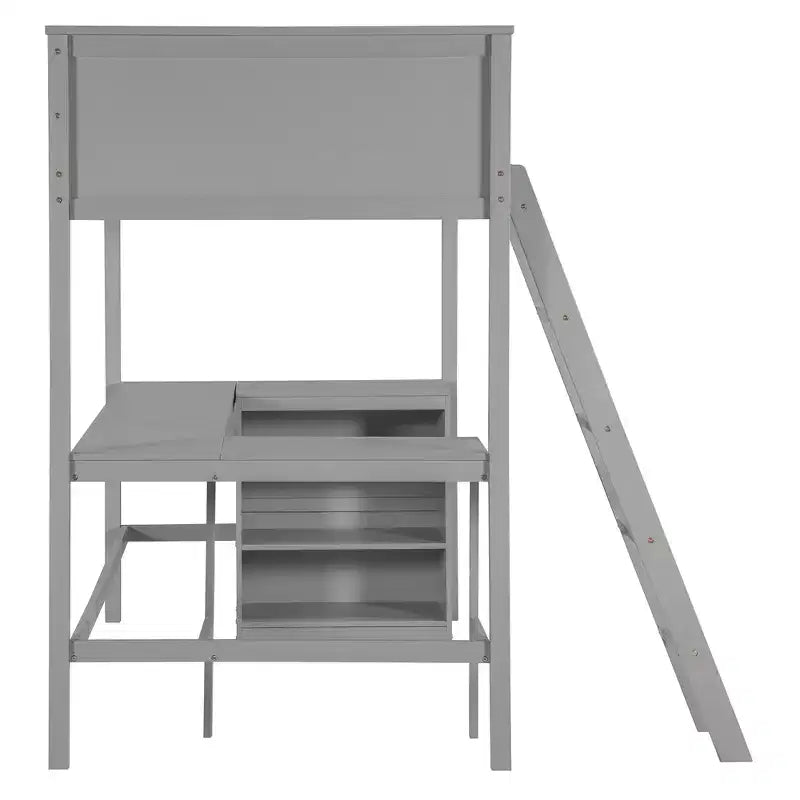 Cama alta individual Bellemave con estantes y escritorio, cama alta de madera con escritorio - Gris