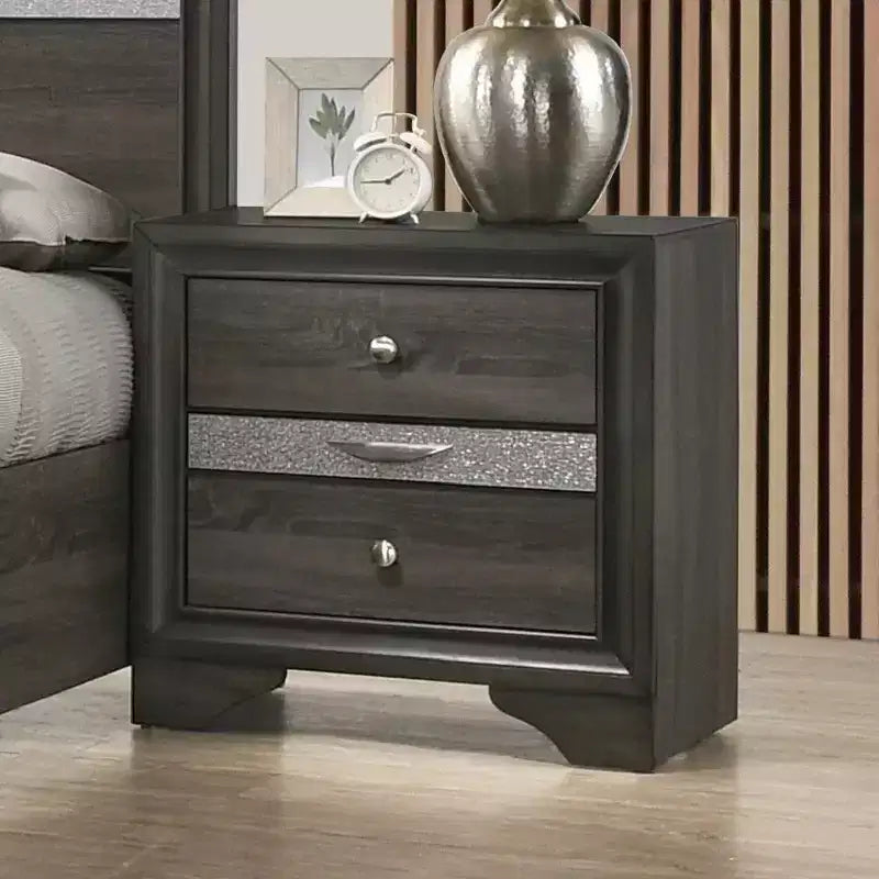 Mesita de noche contemporánea de 1 pieza, acabado gris, detalles plateados, cajón de joyería oculto, perilla redonda de níquel, mesita auxiliar, muebles de dormitorio