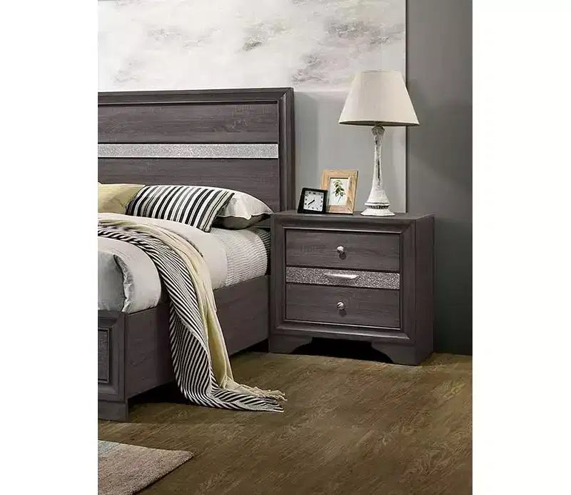 Mesita de noche contemporánea de 1 pieza, acabado gris, detalles plateados, cajón de joyería oculto, perilla redonda de níquel, mesita auxiliar, muebles de dormitorio