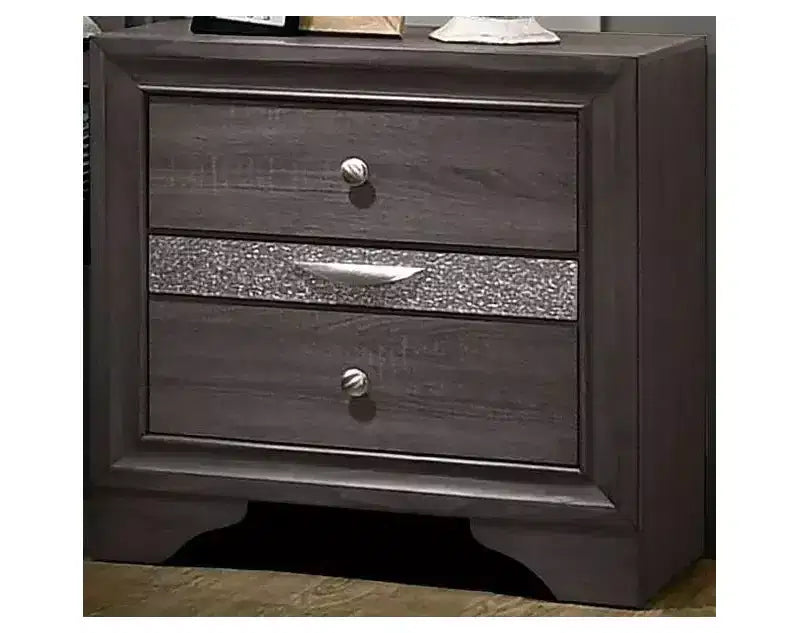 Mesita de noche contemporánea de 1 pieza, acabado gris, detalles plateados, cajón de joyería oculto, perilla redonda de níquel, mesita auxiliar, muebles de dormitorio