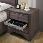 Mesita de noche contemporánea de 1 pieza, acabado gris, detalles plateados, cajón de joyería oculto, perilla redonda de níquel, mesita auxiliar, muebles de dormitorio