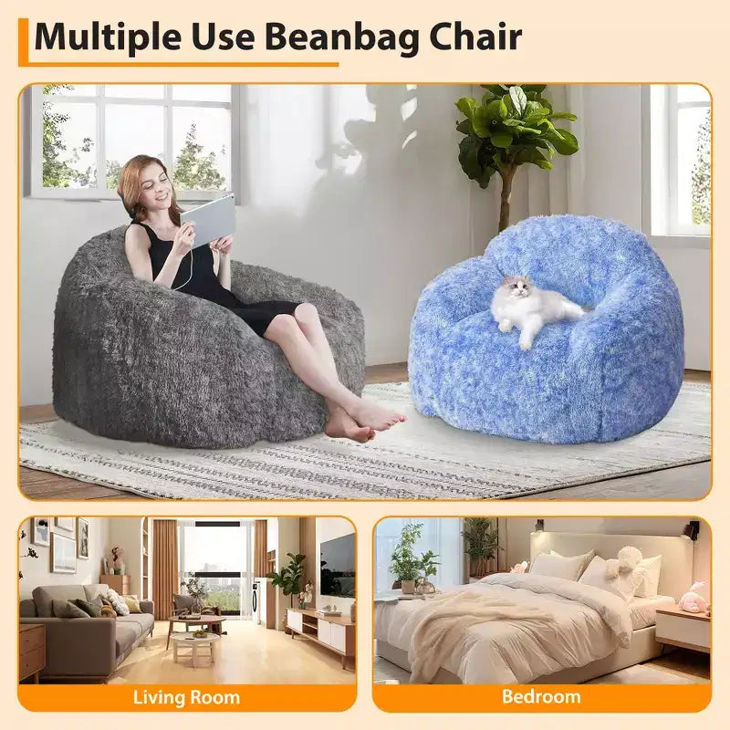 Sillón Puf de Pelo Sintético para Adultos COZONY - Suave y Esponjoso con Reposabrazos, Sofá Perezoso de Espuma de Alta Densidad para Lectura, Sofá de Suelo para Sala de Estar