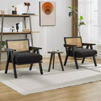 Sillón auxiliar de granja de mediados de siglo - Sillón de madera con respaldo de ratán y cojín de lino para sala de estar, dormitorio - Fácil montaje
