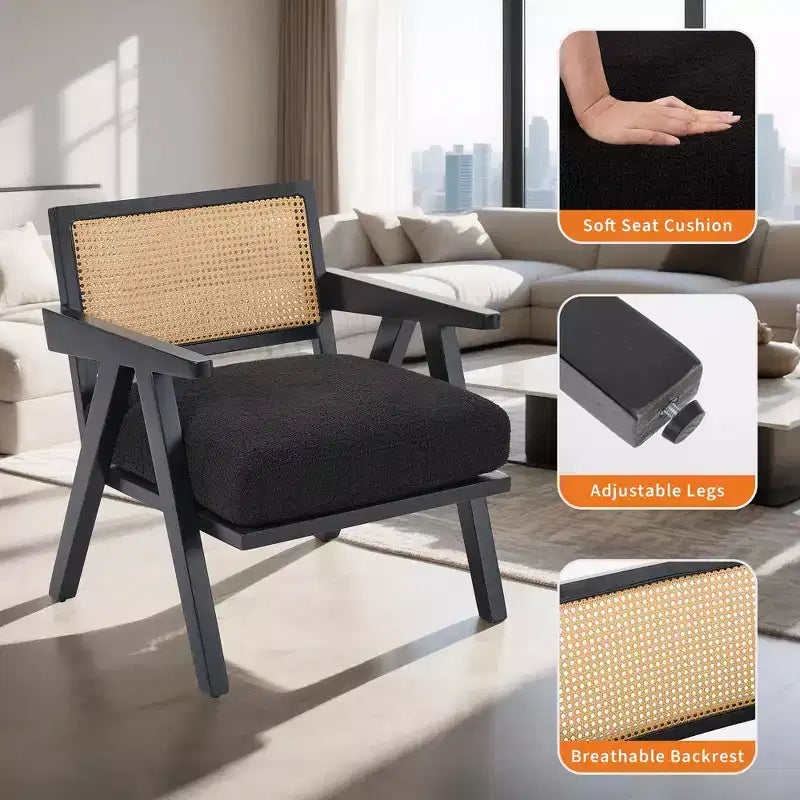 Sillón auxiliar de granja de mediados de siglo - Sillón de madera con respaldo de ratán y cojín de lino para sala de estar, dormitorio - Fácil montaje