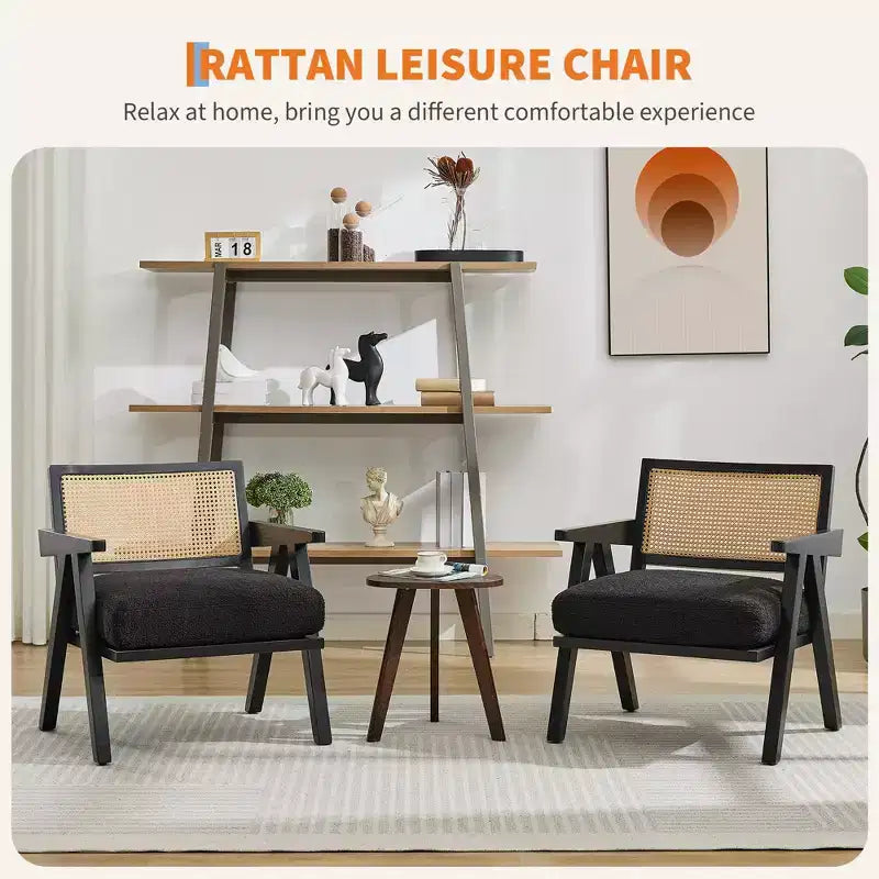 Sillón auxiliar de granja de mediados de siglo - Sillón de madera con respaldo de ratán y cojín de lino para sala de estar, dormitorio - Fácil montaje