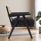 Sillón auxiliar de granja de mediados de siglo - Sillón de madera con respaldo de ratán y cojín de lino para sala de estar, dormitorio - Fácil montaje