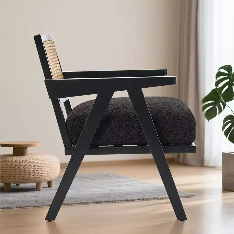 Sillón auxiliar de granja de mediados de siglo - Sillón de madera con respaldo de ratán y cojín de lino para sala de estar, dormitorio - Fácil montaje