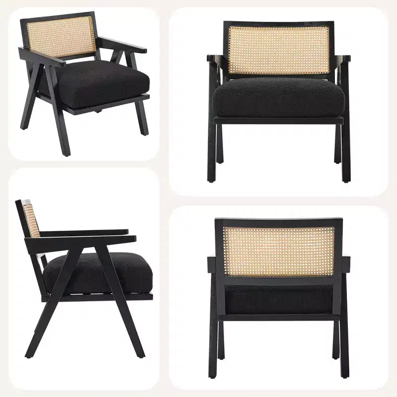 Sillón auxiliar de granja de mediados de siglo - Sillón de madera con respaldo de ratán y cojín de lino para sala de estar, dormitorio - Fácil montaje