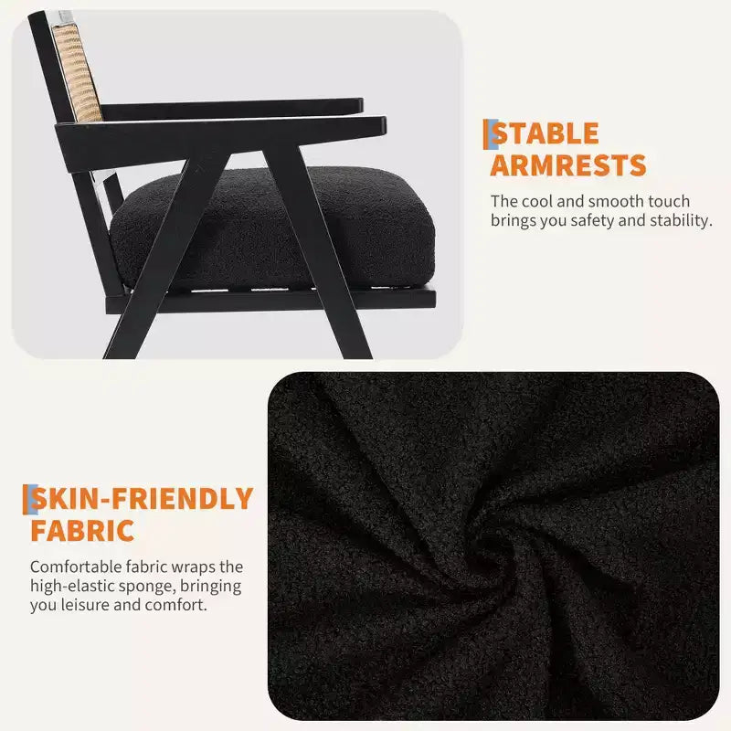 Sillón auxiliar de granja de mediados de siglo - Sillón de madera con respaldo de ratán y cojín de lino para sala de estar, dormitorio - Fácil montaje