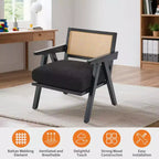 Sillón auxiliar de granja de mediados de siglo - Sillón de madera con respaldo de ratán y cojín de lino para sala de estar, dormitorio - Fácil montaje