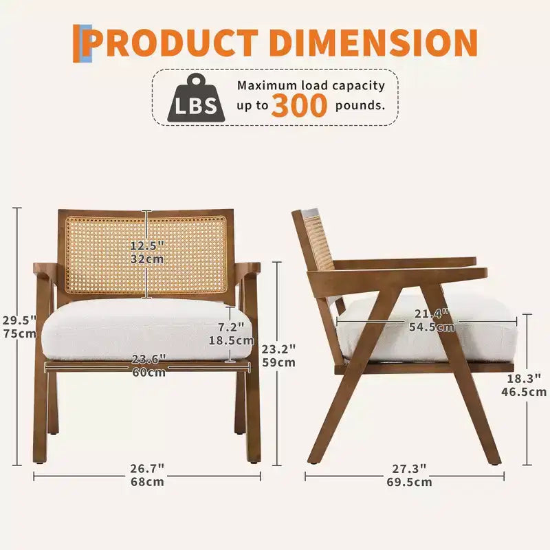Sillón auxiliar de granja de mediados de siglo - Sillón de madera con respaldo de ratán y cojín de lino para sala de estar, dormitorio - Fácil montaje