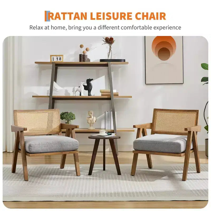 Sillón auxiliar de granja de mediados de siglo - Sillón de madera con respaldo de ratán y cojín de lino para sala de estar, dormitorio - Fácil montaje