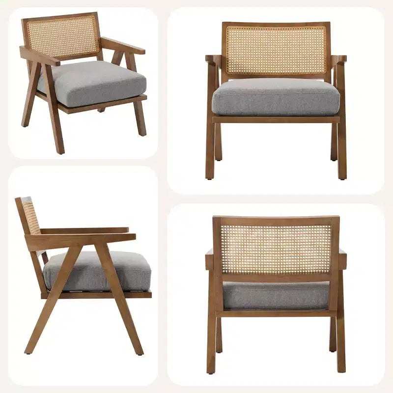 Sillón auxiliar de granja de mediados de siglo - Sillón de madera con respaldo de ratán y cojín de lino para sala de estar, dormitorio - Fácil montaje