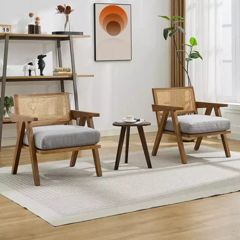 Sillón auxiliar de granja de mediados de siglo - Sillón de madera con respaldo de ratán y cojín de lino para sala de estar, dormitorio - Fácil montaje