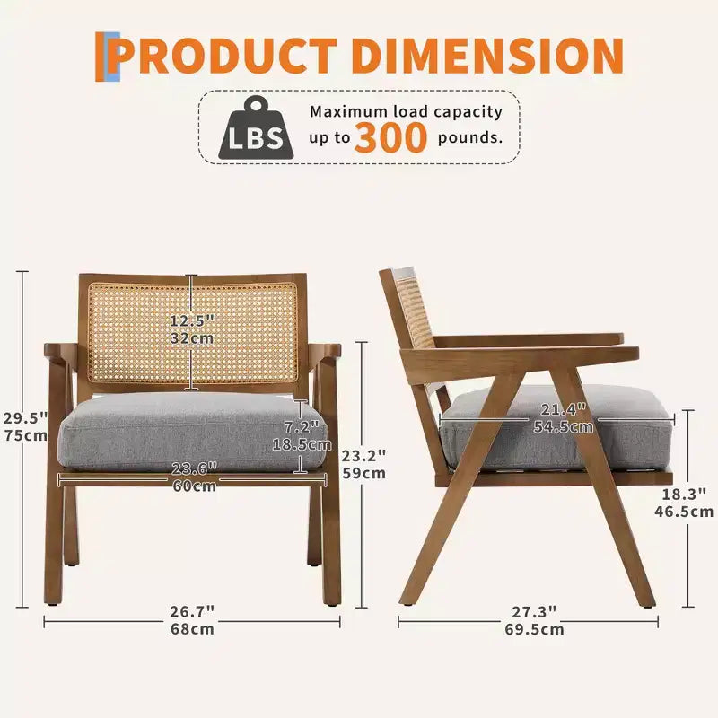 Sillón auxiliar de granja de mediados de siglo - Sillón de madera con respaldo de ratán y cojín de lino para sala de estar, dormitorio - Fácil montaje