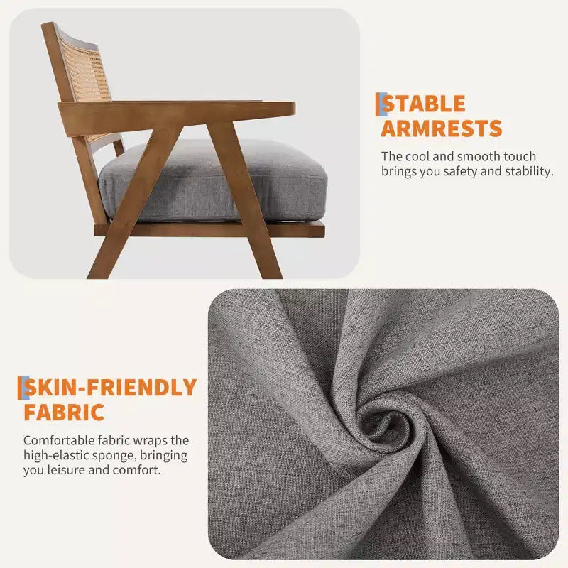 Sillón auxiliar de granja de mediados de siglo - Sillón de madera con respaldo de ratán y cojín de lino para sala de estar, dormitorio - Fácil montaje