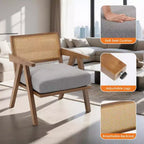Sillón auxiliar de granja de mediados de siglo - Sillón de madera con respaldo de ratán y cojín de lino para sala de estar, dormitorio - Fácil montaje