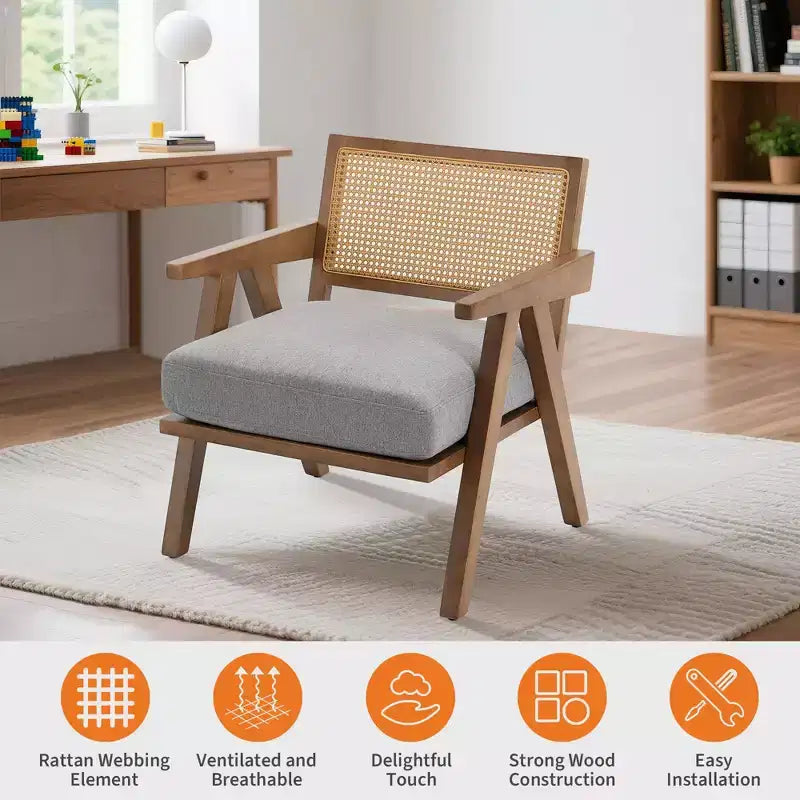 Sillón auxiliar de granja de mediados de siglo - Sillón de madera con respaldo de ratán y cojín de lino para sala de estar, dormitorio - Fácil montaje
