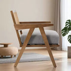 Sillón auxiliar de granja de mediados de siglo - Sillón de madera con respaldo de ratán y cojín de lino para sala de estar, dormitorio - Fácil montaje