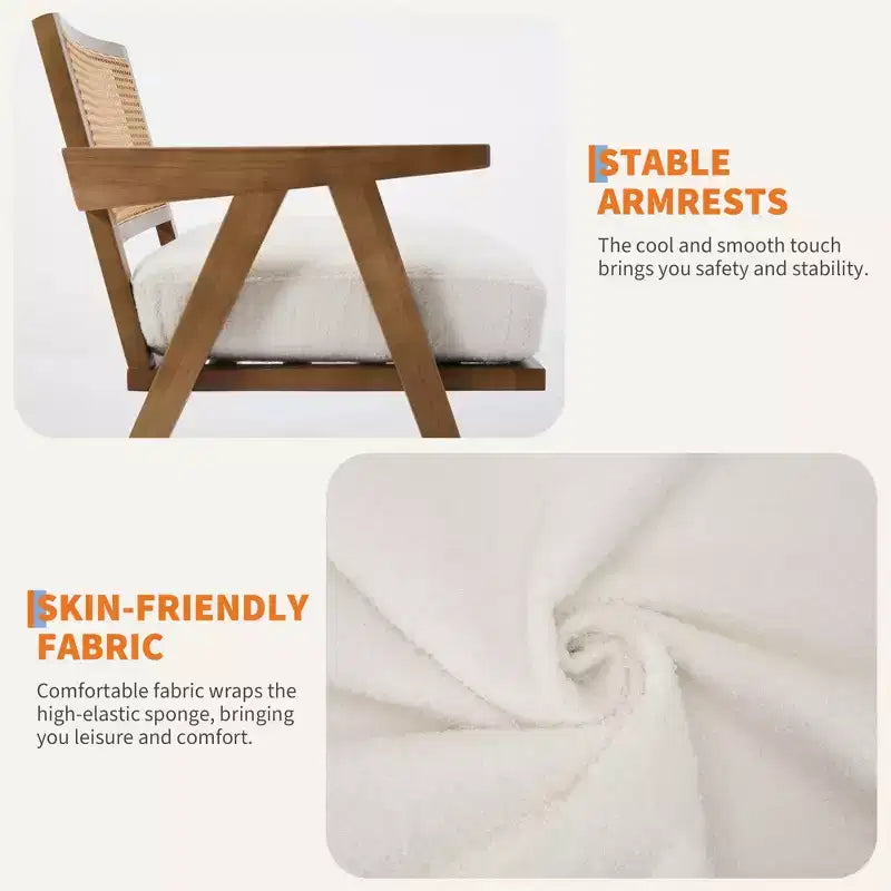Sillón auxiliar de granja de mediados de siglo - Sillón de madera con respaldo de ratán y cojín de lino para sala de estar, dormitorio - Fácil montaje