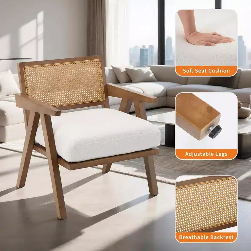 Sillón auxiliar de granja de mediados de siglo - Sillón de madera con respaldo de ratán y cojín de lino para sala de estar, dormitorio - Fácil montaje