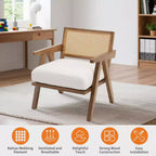 Sillón auxiliar de granja de mediados de siglo - Sillón de madera con respaldo de ratán y cojín de lino para sala de estar, dormitorio - Fácil montaje