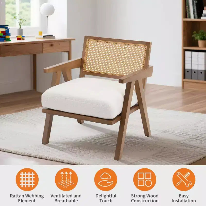 Sillón auxiliar de granja de mediados de siglo - Sillón de madera con respaldo de ratán y cojín de lino para sala de estar, dormitorio - Fácil montaje