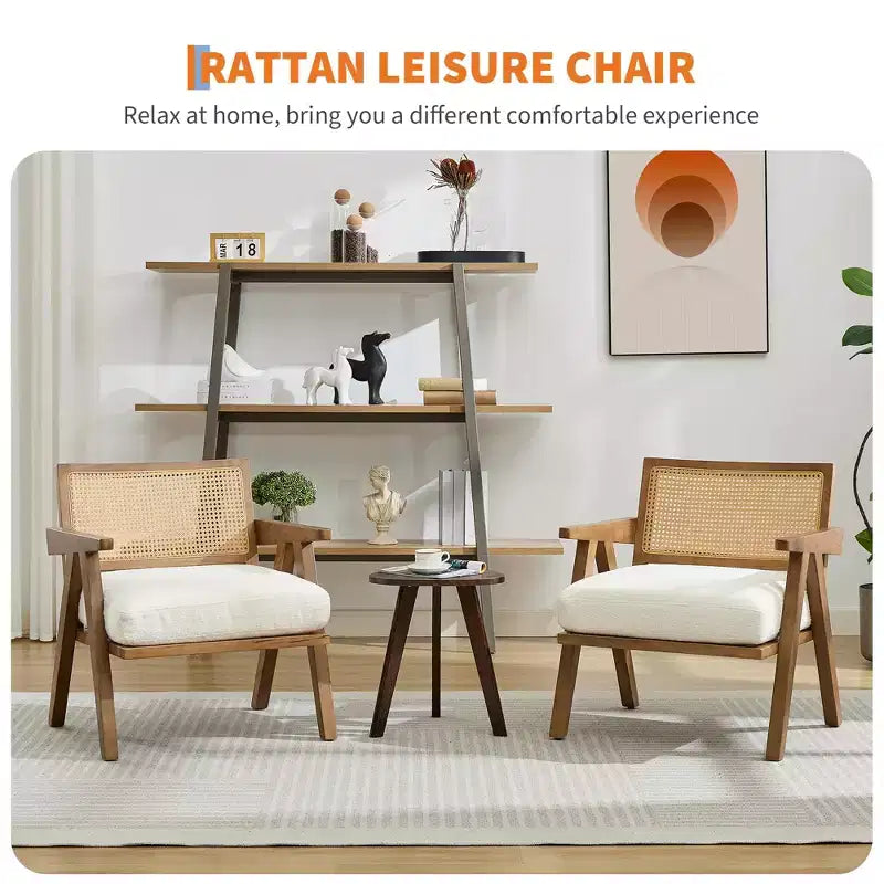 Sillón auxiliar de granja de mediados de siglo - Sillón de madera con respaldo de ratán y cojín de lino para sala de estar, dormitorio - Fácil montaje