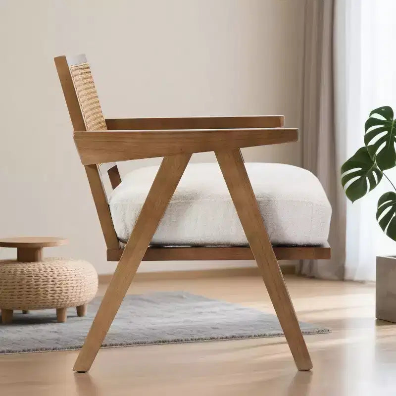 Sillón auxiliar de granja de mediados de siglo - Sillón de madera con respaldo de ratán y cojín de lino para sala de estar, dormitorio - Fácil montaje