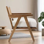 Sillón auxiliar de granja de mediados de siglo - Sillón de madera con respaldo de ratán y cojín de lino para sala de estar, dormitorio - Fácil montaje