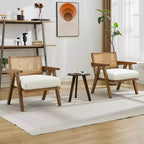 Sillón auxiliar de granja de mediados de siglo - Sillón de madera con respaldo de ratán y cojín de lino para sala de estar, dormitorio - Fácil montaje