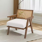 Mid-Century Farmhouse Accent Chair - Wood Armchair with Rattan Backrest & Linen Cushion for Living Room, Bedroom - Easy Assembly