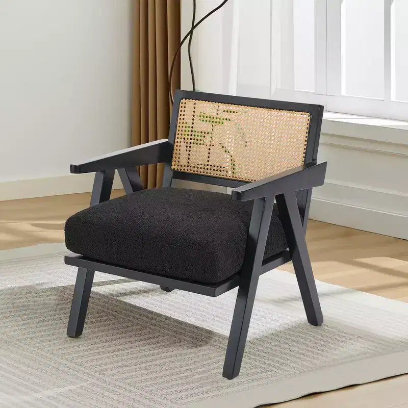 Sillón auxiliar de granja de mediados de siglo - Sillón de madera con respaldo de ratán y cojín de lino para sala de estar, dormitorio - Fácil montaje