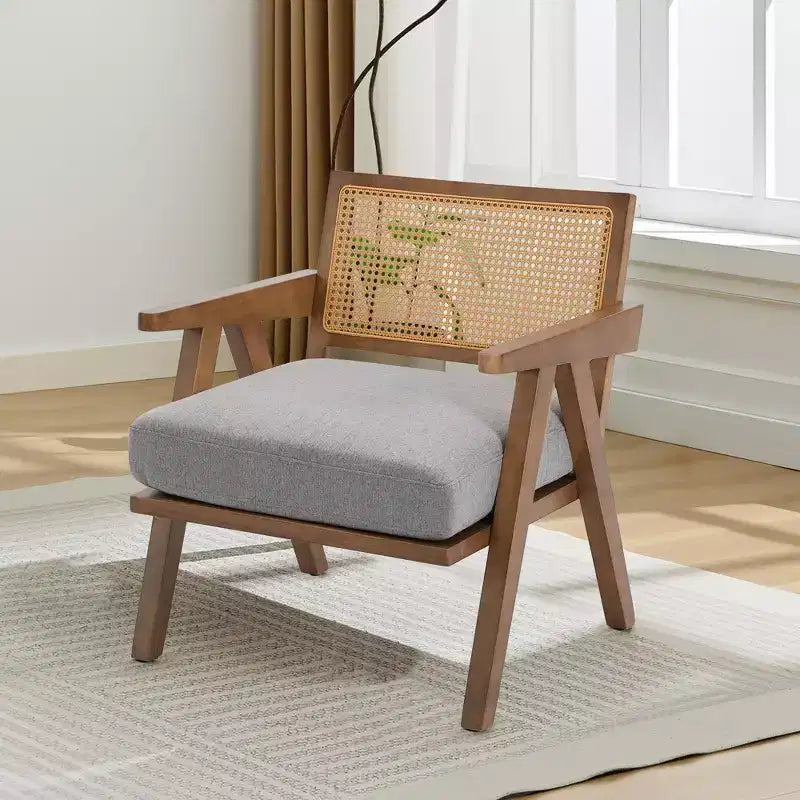 Sillón auxiliar de granja de mediados de siglo - Sillón de madera con respaldo de ratán y cojín de lino para sala de estar, dormitorio - Fácil montaje