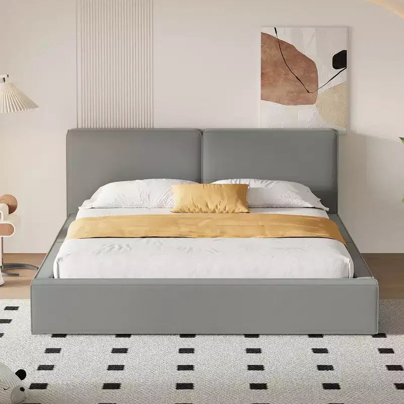 Cama de plataforma de terciopelo tamaño Queen, cama tapizada a ras del suelo con marco sólido para niños y adultos