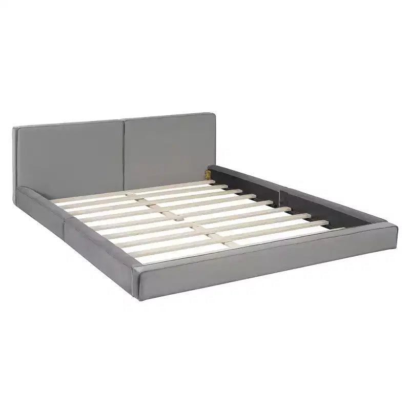 Cama de plataforma de terciopelo tamaño Queen, cama tapizada a ras del suelo con marco sólido para niños y adultos