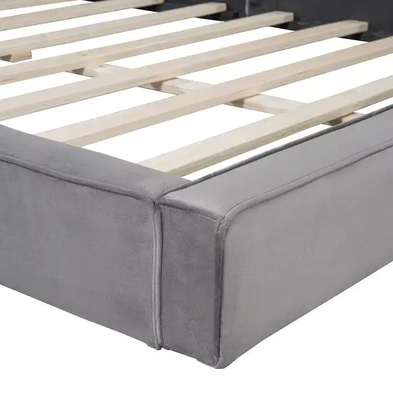 Cama de plataforma de terciopelo tamaño Queen, cama tapizada a ras del suelo con marco sólido para niños y adultos
