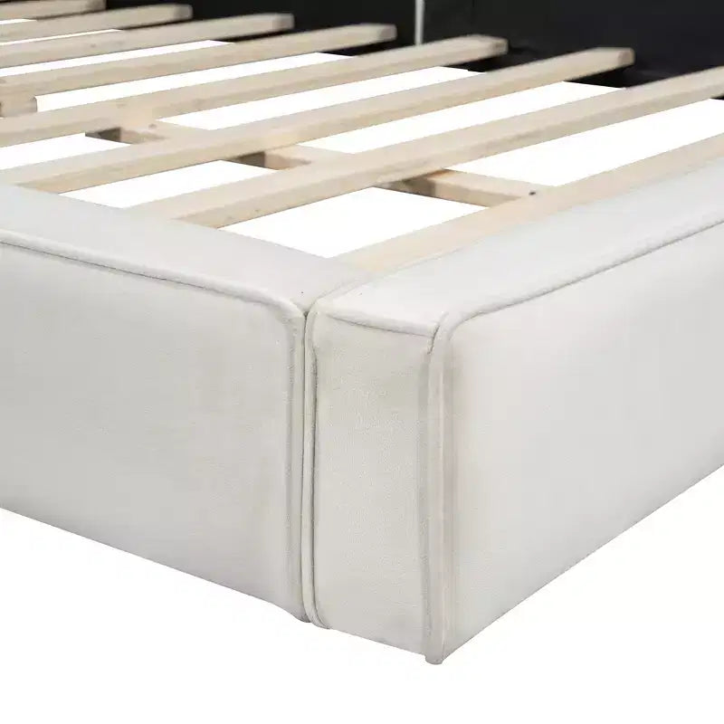 Cama de plataforma de terciopelo tamaño Queen, cama tapizada a ras del suelo con marco sólido para niños y adultos