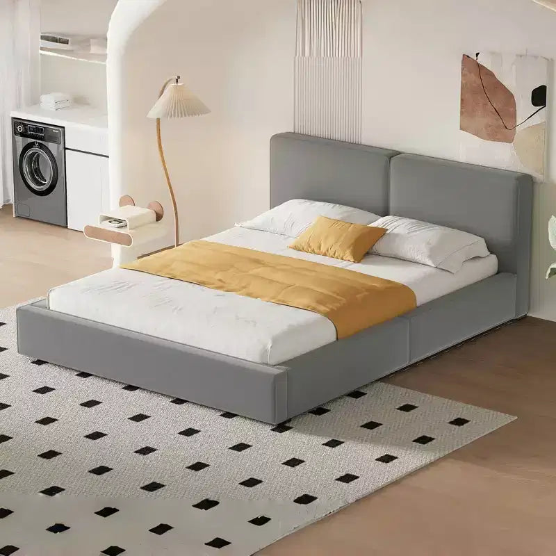 Cama de plataforma de terciopelo tamaño Queen, cama tapizada a ras del suelo con marco sólido para niños y adultos