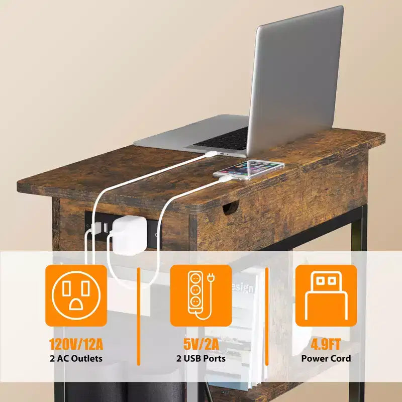 Mesita auxiliar con estante de almacenamiento, bolsa de almacenamiento, puertos USB y tomas de corriente para espacios pequeños en el dormitorio