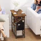 Mesita auxiliar con estante de almacenamiento, bolsa de almacenamiento, puertos USB y tomas de corriente para espacios pequeños en el dormitorio