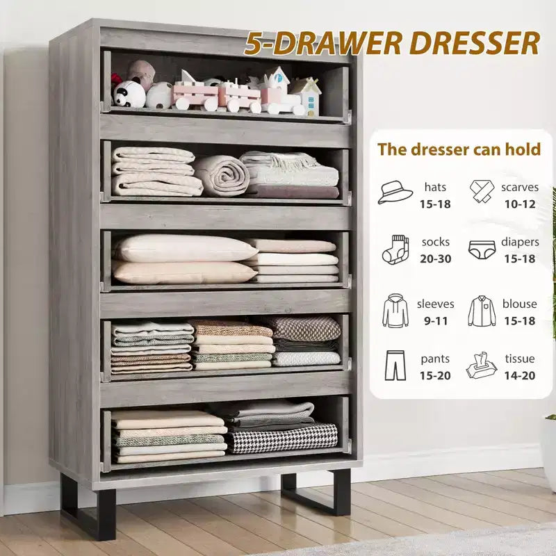 Cómoda de 5 cajones para dormitorio, armario de madera, cómoda de almacenamiento vertical independiente para sala de estar