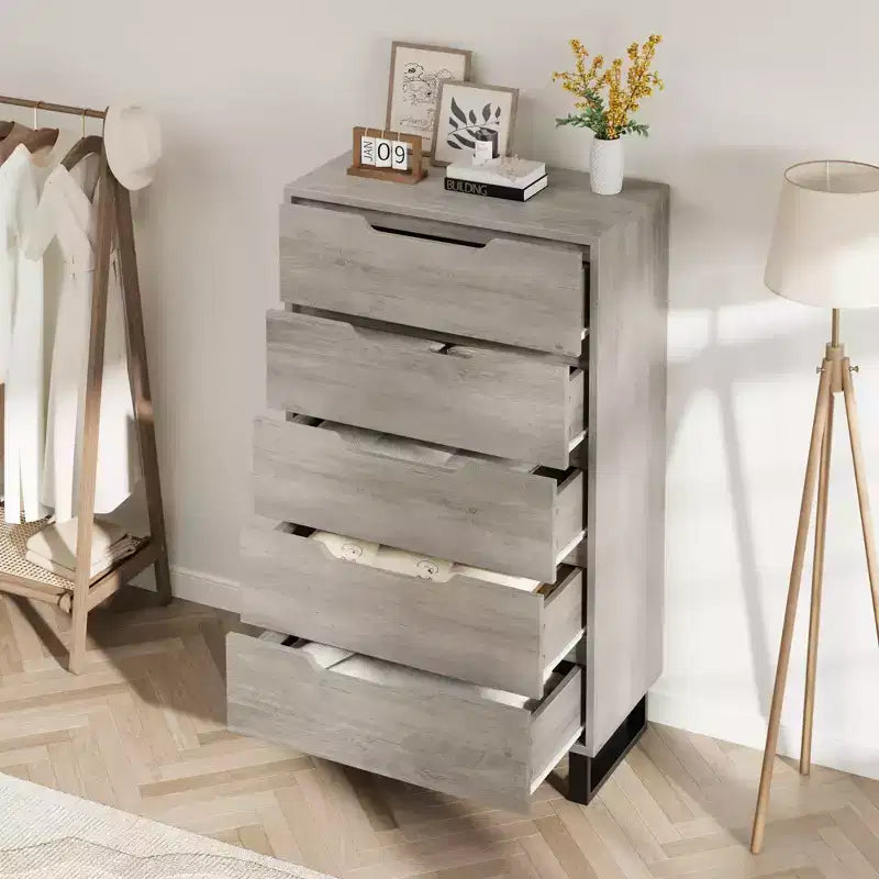 Cómoda de 5 cajones para dormitorio, armario de madera, cómoda de almacenamiento vertical independiente para sala de estar