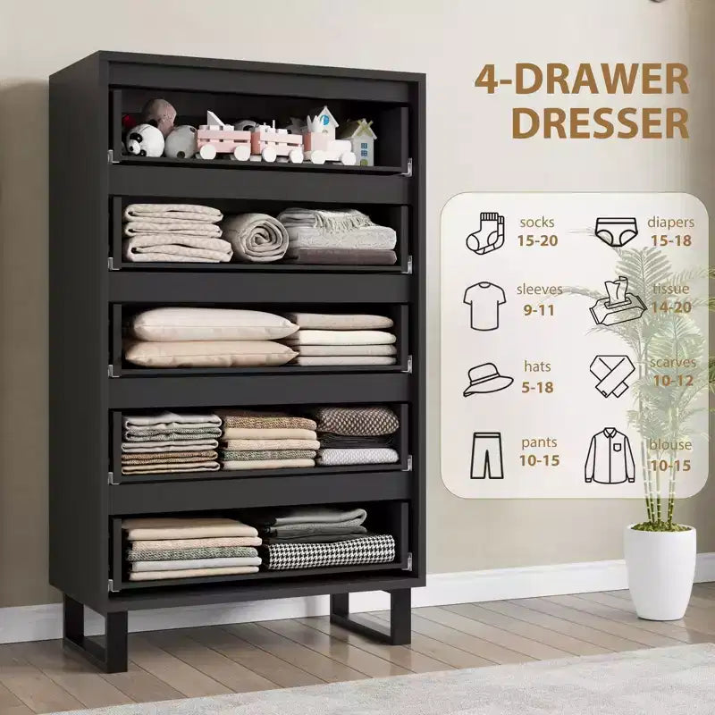 Cómoda de 5 cajones para dormitorio, armario de madera, cómoda de almacenamiento vertical independiente para sala de estar