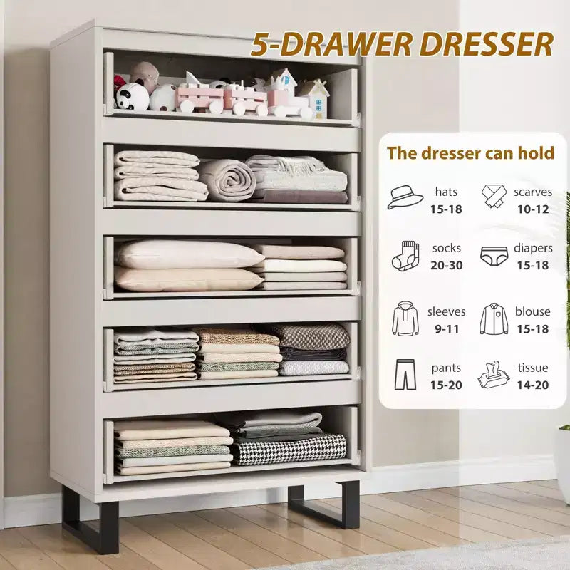 Cómoda de 5 cajones para dormitorio, armario de madera, cómoda de almacenamiento vertical independiente para sala de estar