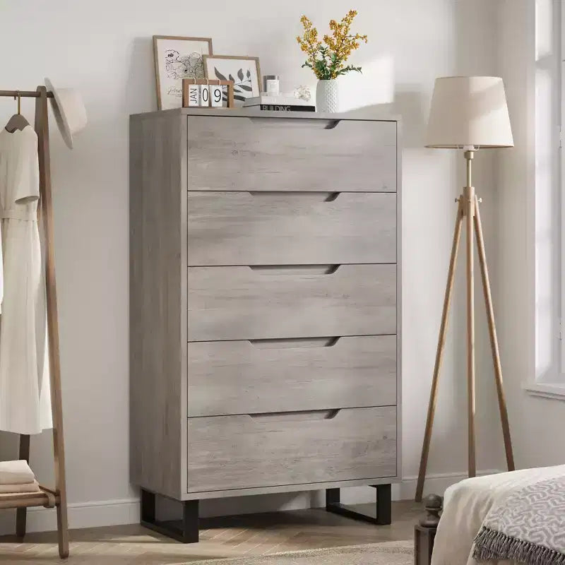 Cómoda de 5 cajones para dormitorio, armario de madera, cómoda de almacenamiento vertical independiente para sala de estar