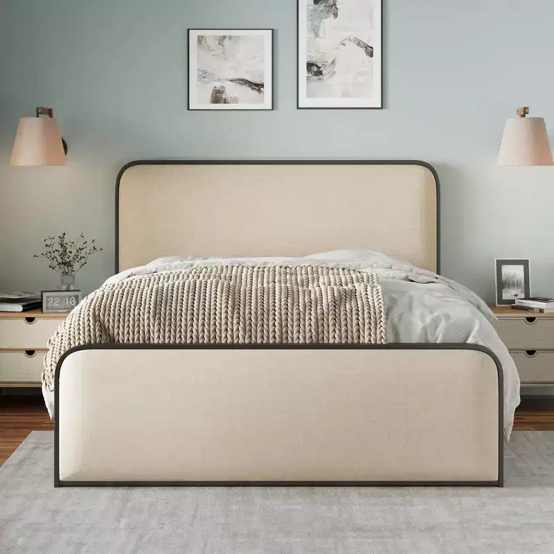 Estructura de cama Whisen King moderna de metal con cabecero tapizado y almacenamiento
